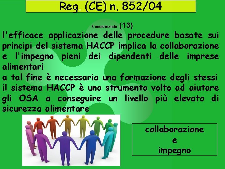 Reg. (CE) n. 852/04 Considerando (13) l'efficace applicazione delle procedure basate sui principi del