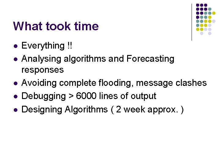 What took time l l l Everything !! Analysing algorithms and Forecasting responses Avoiding