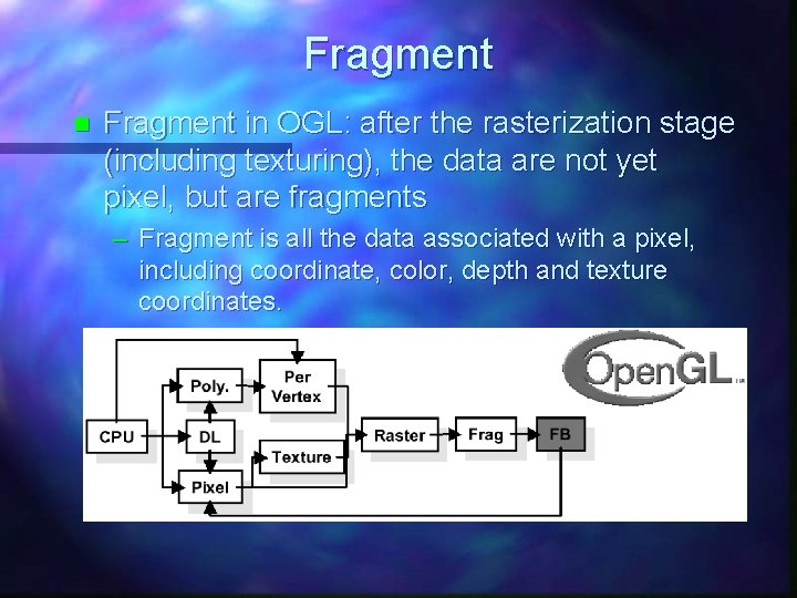 Fragment n Fragment in OGL: after the rasterization stage (including texturing), the data are