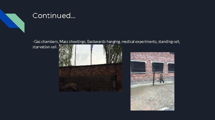 Continued. . . -Gas chambers, Mass shootings, Backwards hanging, medical experiments, standing cell, starvation