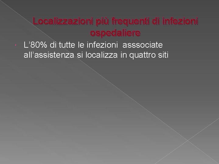 Localizzazioni più frequenti di infezioni ospedaliere L’ 80% di tutte le infezioni asssociate all’assistenza