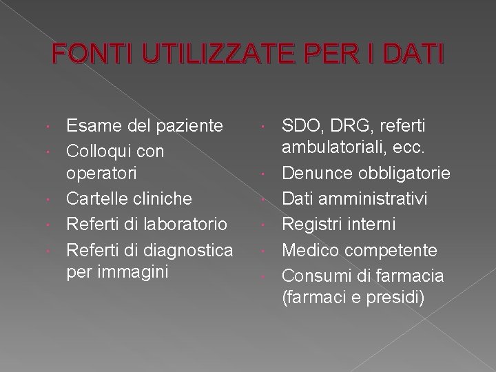 FONTI UTILIZZATE PER I DATI Esame del paziente Colloqui con operatori Cartelle cliniche Referti