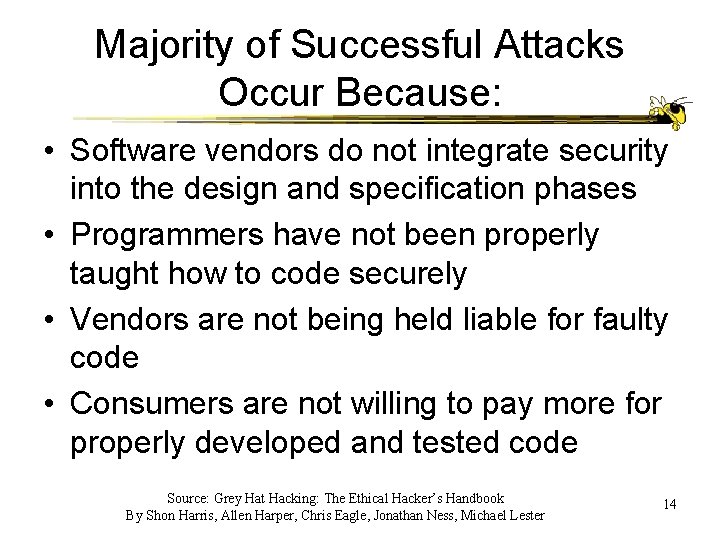 Majority of Successful Attacks Occur Because: • Software vendors do not integrate security into