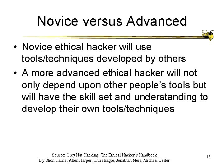 Novice versus Advanced • Novice ethical hacker will use tools/techniques developed by others •