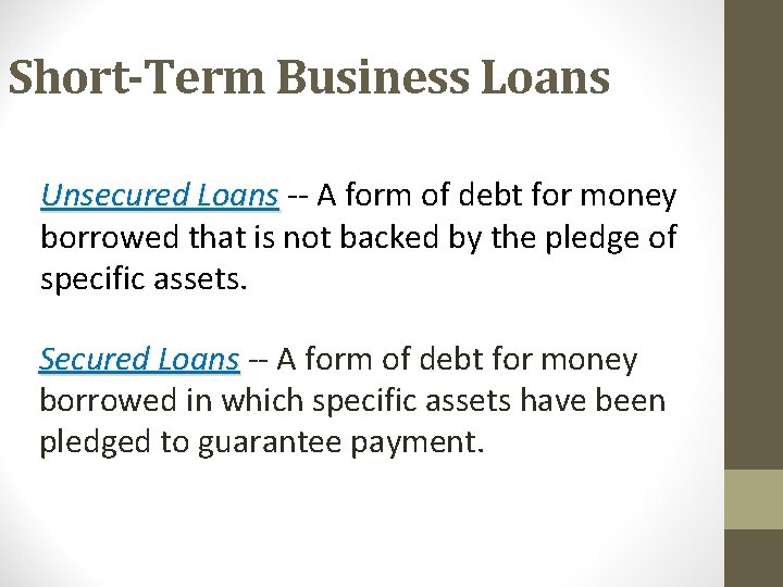 Short-Term Business Loans Unsecured Loans -- A form of debt for money borrowed that