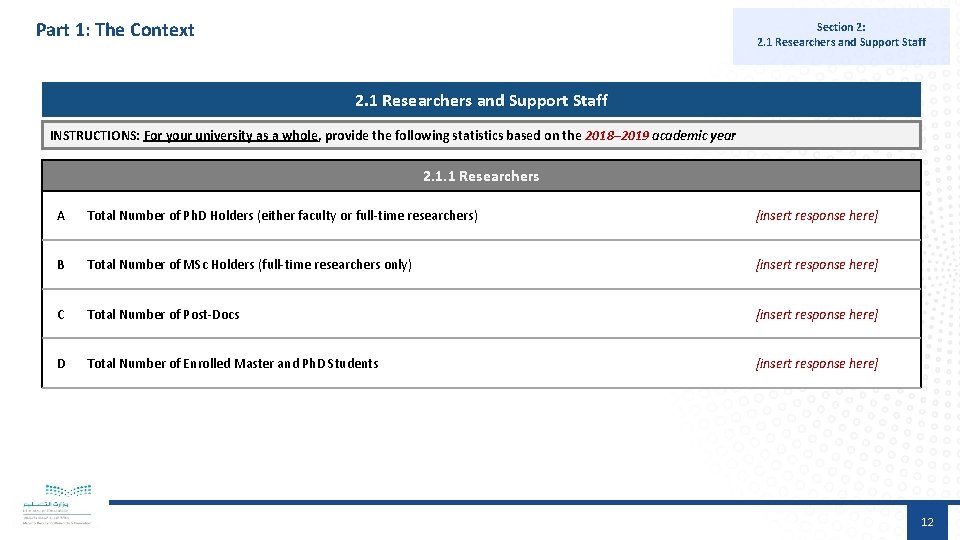 Part 1: The Context Section 2: 2. 1 Researchers and Support Staff INSTRUCTIONS: For