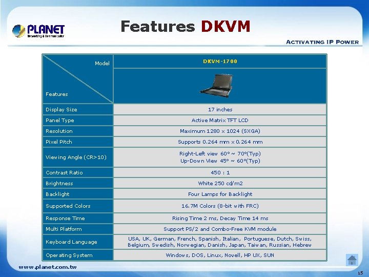 Features DKVM Model DKVM-1700 Features Display Size 17 inches Panel Type Active Matrix TFT