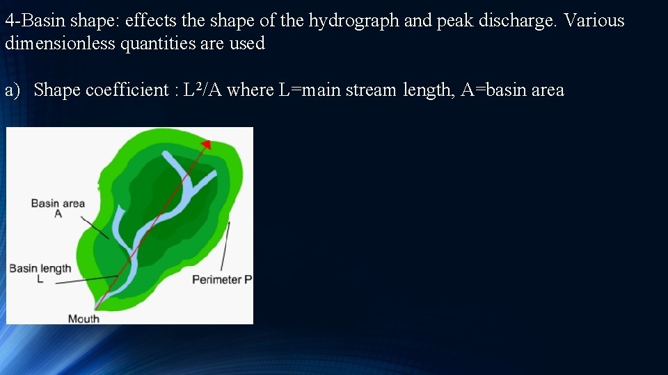 4 -Basin shape: effects the shape of the hydrograph and peak discharge. Various dimensionless