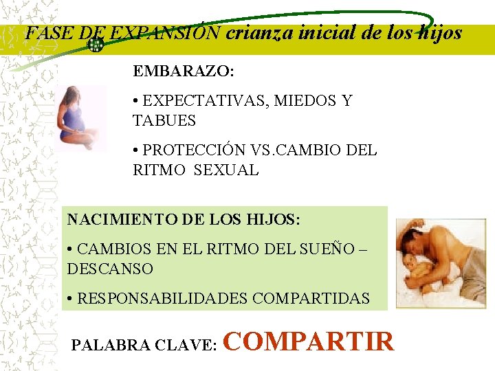 FASE DE EXPANSIÓN crianza inicial de los hijos EMBARAZO: • EXPECTATIVAS, MIEDOS Y TABUES