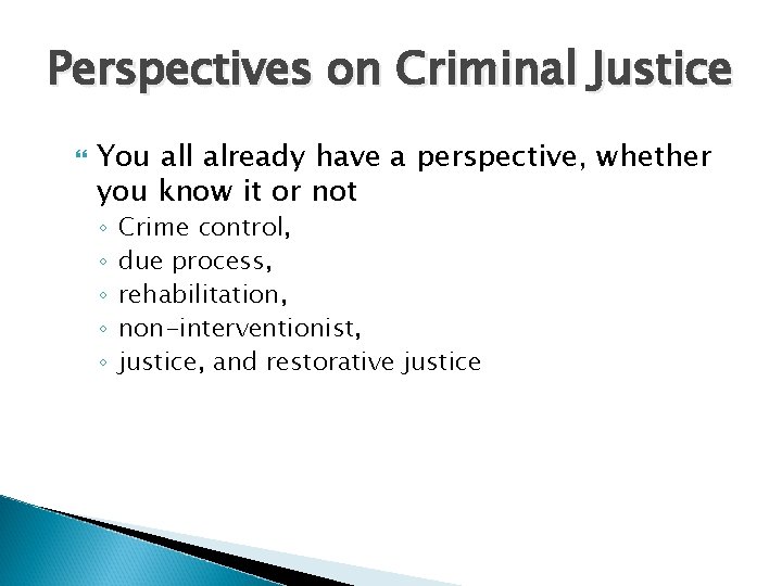 Perspectives on Criminal Justice You all already have a perspective, whether you know it