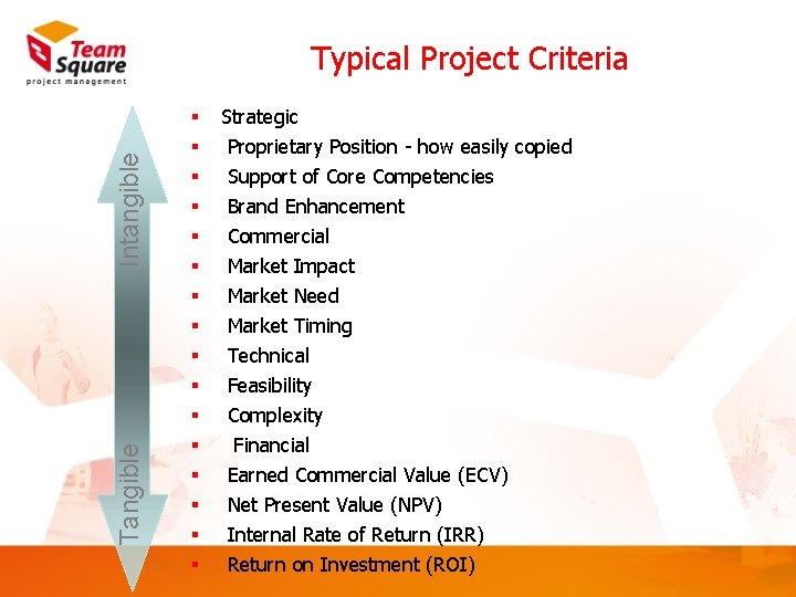 Tangible Intangible Typical Project Criteria § § § § Strategic Proprietary Position - how