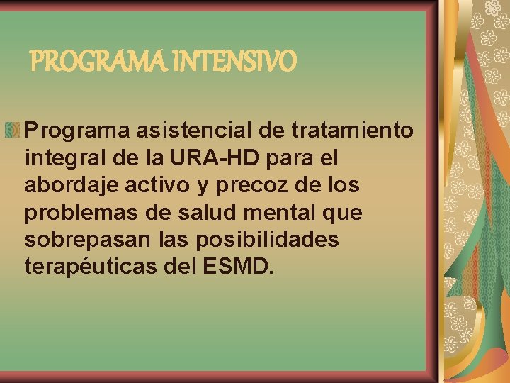 PROGRAMA INTENSIVO Programa asistencial de tratamiento integral de la URA-HD para el abordaje activo