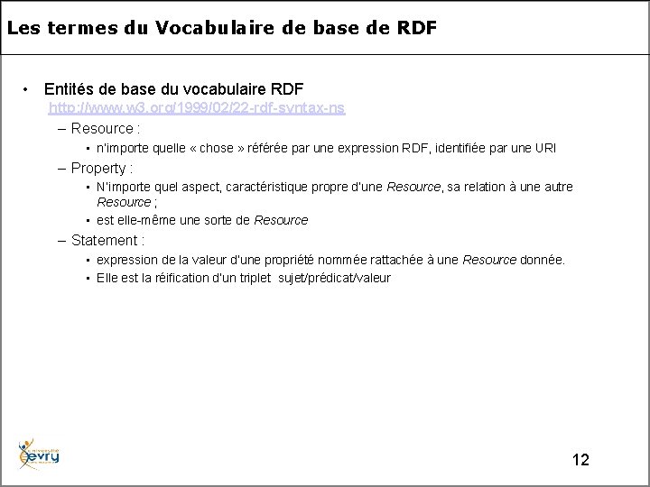 Les termes du Vocabulaire de base de RDF • Entités de base du vocabulaire