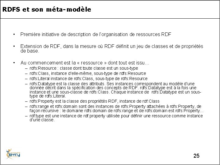 RDFS et son méta-modèle • Première initiative de description de l’organisation de ressources RDF