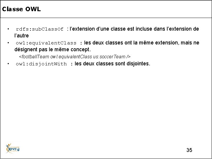 Classe OWL • rdfs: sub. Class. Of : l’extension d’une classe est incluse dans