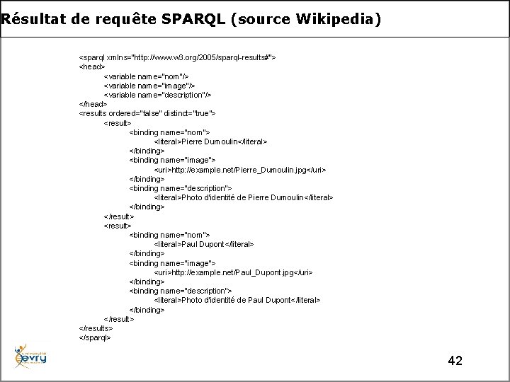 Résultat de requête SPARQL (source Wikipedia) <sparql xmlns="http: //www. w 3. org/2005/sparql-results#"> <head> <variable