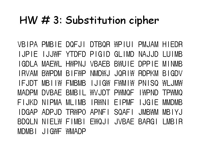 HW # 3: Substitution cipher VBIPA IJPIE IGDLA IRVAM IFJDT MADPM FIJKD IDGAP BDQLN