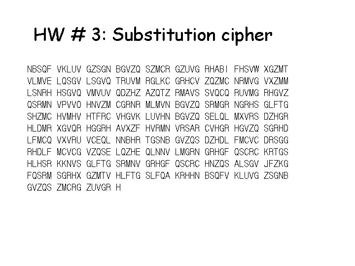 HW # 3: Substitution cipher NBSQF VLMVE LSNRH QSRMN SHZMC HLDMR LFMCQ RHDLF HLHSR