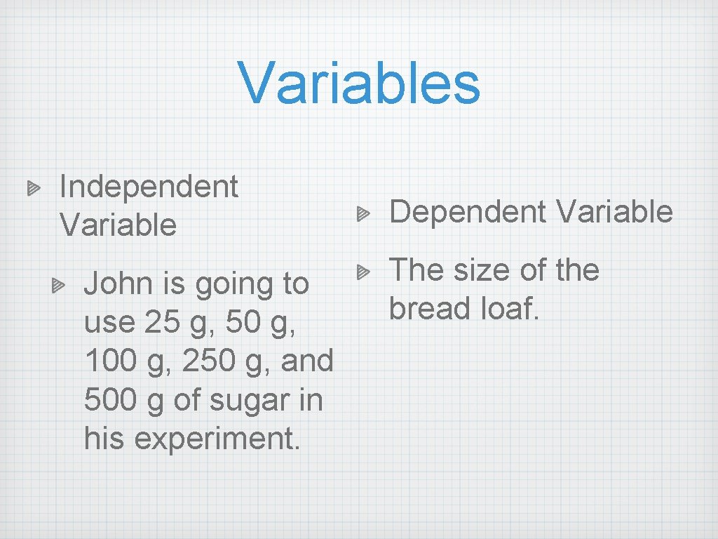 Variables Independent Variable John is going to use 25 g, 50 g, 100 g, Variables Independent Variable John is going to use 25 g, 50 g, 100 g,