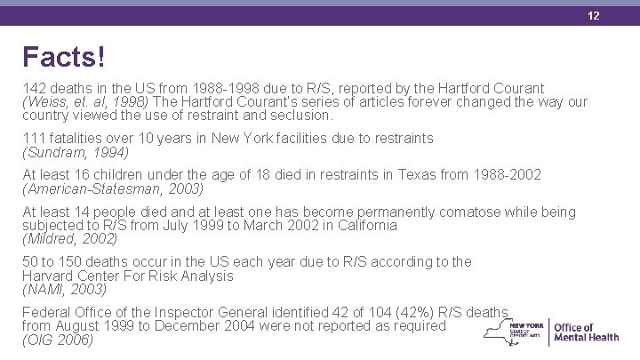 12 Facts! 142 deaths in the US from 1988 -1998 due to R/S, reported