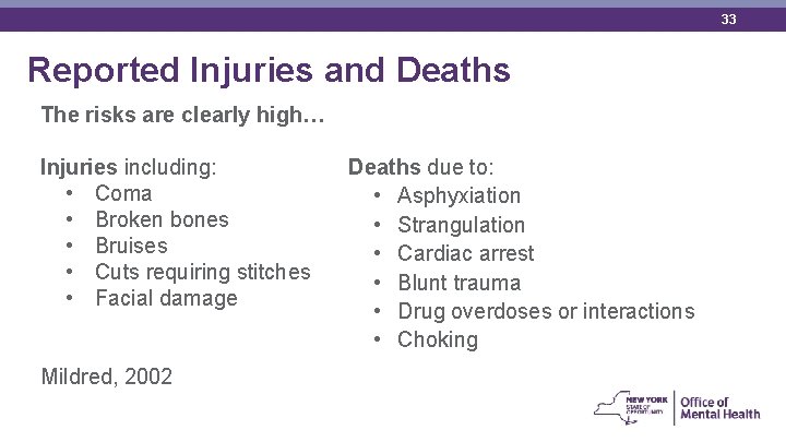 33 Reported Injuries and Deaths The risks are clearly high… Injuries including: • Coma