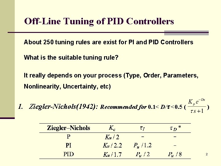 Off-Line Tuning of PID Controllers About 250 tuning rules are exist for PI and
