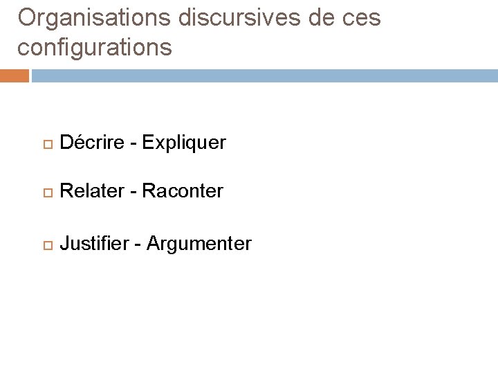 Organisations discursives de ces configurations Décrire - Expliquer Relater - Raconter Justifier - Argumenter