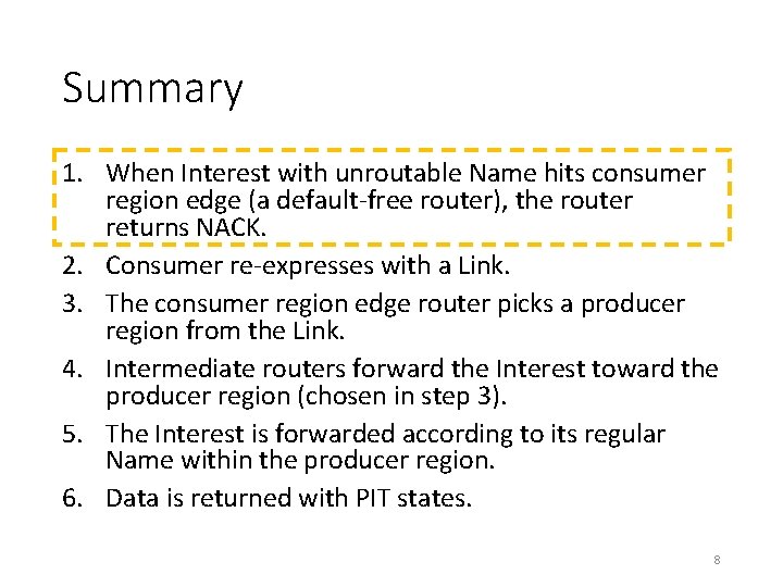 Summary 1. When Interest with unroutable Name hits consumer region edge (a default-free router), Summary 1. When Interest with unroutable Name hits consumer region edge (a default-free router),