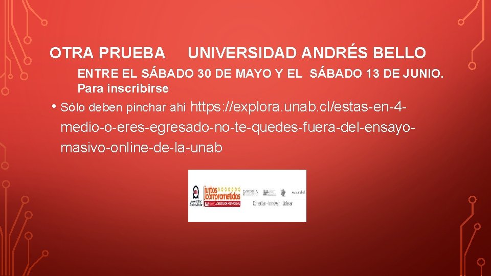 OTRA PRUEBA UNIVERSIDAD ANDRÉS BELLO ENTRE EL SÁBADO 30 DE MAYO Y EL SÁBADO