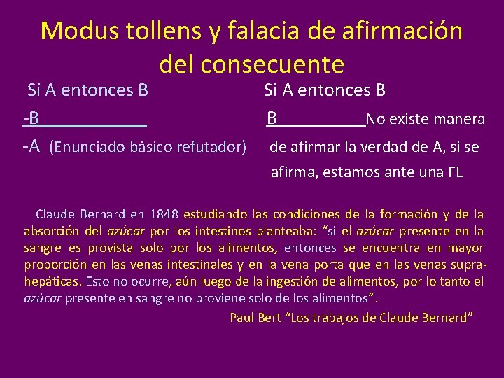 Modus tollens y falacia de afirmación del consecuente Si A entonces B -B______ B
