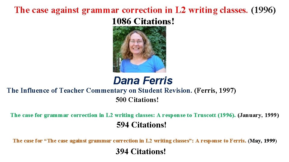 The case against grammar correction in L 2 writing classes. (1996) 1086 Citations! Dana