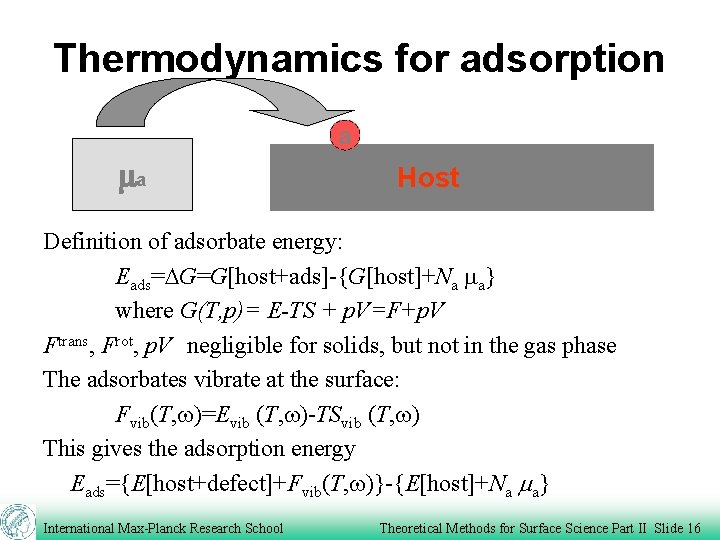 Thermodynamics for adsorption a ma Host Definition of adsorbate energy: Eads=DG=G[host+ads]-{G[host]+Na ma} where G(T,