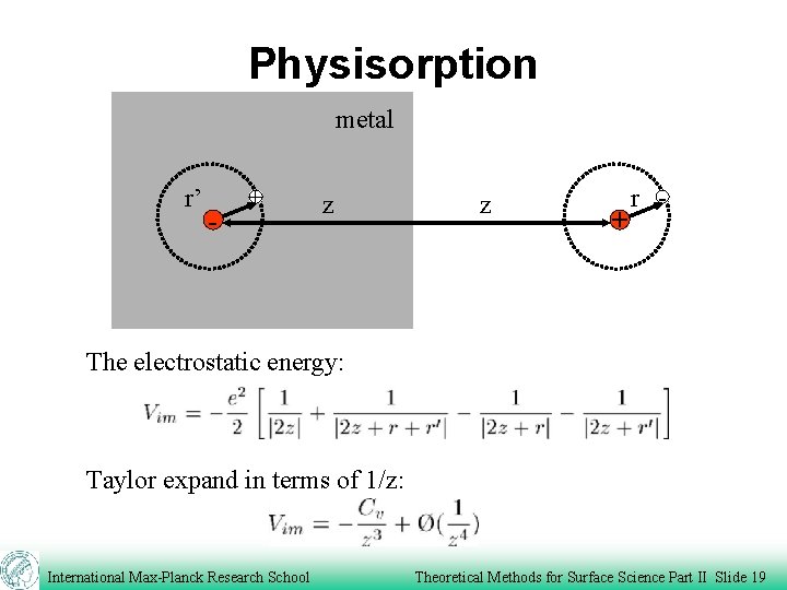 Physisorption metal r’ - + z z + r - The electrostatic energy: Taylor