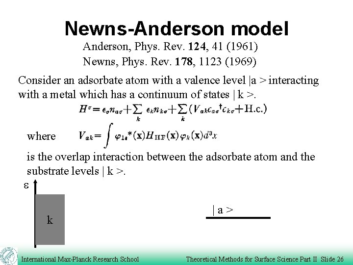 Newns-Anderson model Anderson, Phys. Rev. 124, 41 (1961) Newns, Phys. Rev. 178, 1123 (1969)