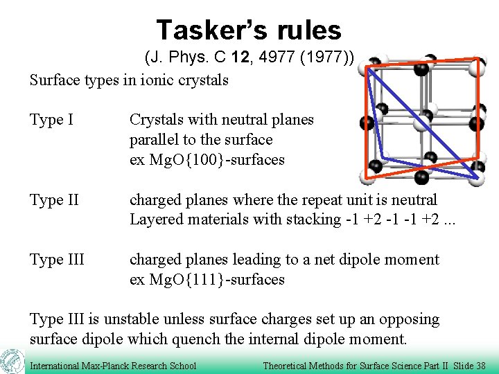 Tasker’s rules (J. Phys. C 12, 4977 (1977)) Surface types in ionic crystals Type