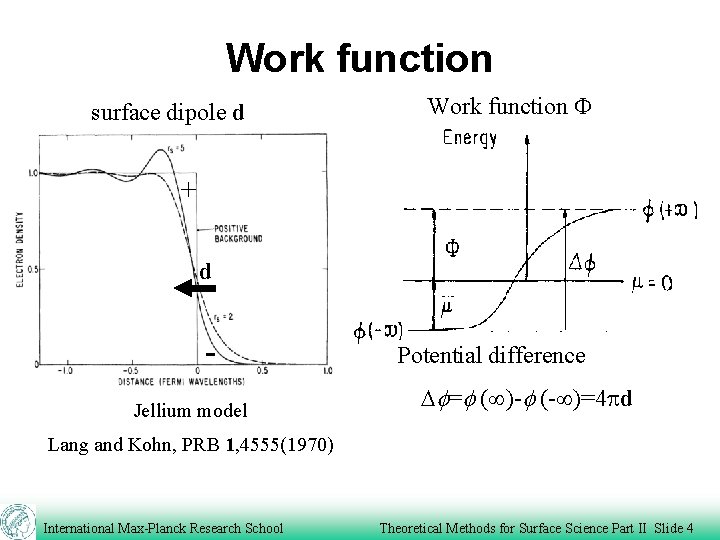 Work function surface dipole d Work function F + d Jellium model Potential difference