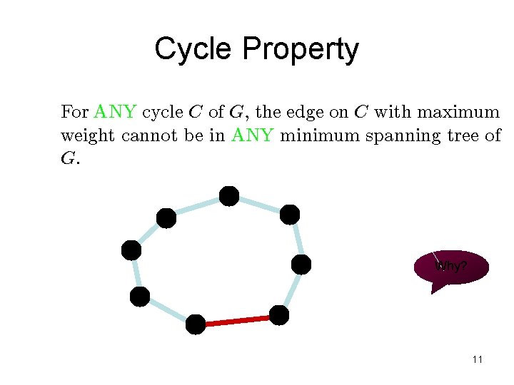 Cycle Property For ANY cycle C of G, the edge on C with maximum