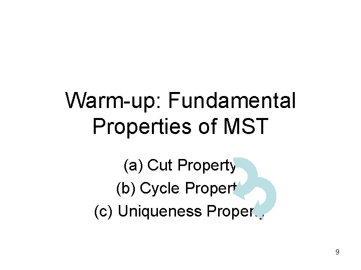 Warm-up: Fundamental Properties of MST (a) Cut Property (b) Cycle Property (c) Uniqueness Property