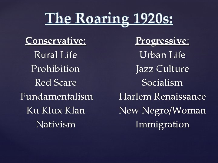 The Roaring 1920 s: Conservative: Rural Life Prohibition Red Scare Fundamentalism Ku Klux Klan