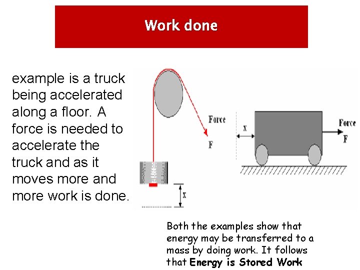Work done example is a truck being accelerated along a floor. A force is