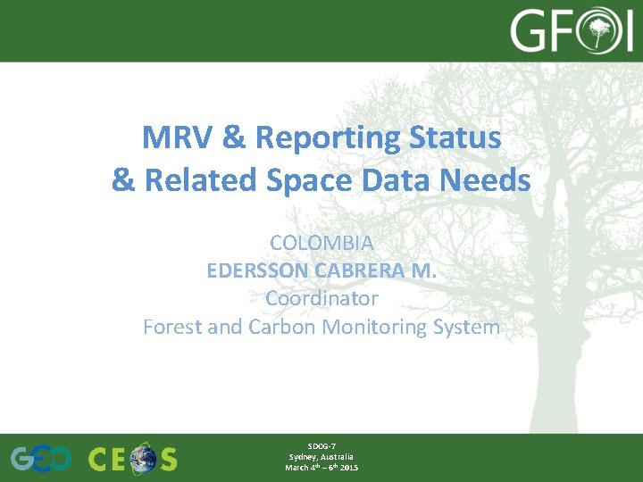 MRV & Reporting Status & Related Space Data Needs COLOMBIA EDERSSON CABRERA M. Coordinator