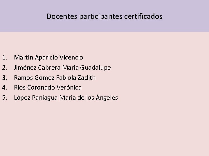 Docentes participantes certificados 1. 2. 3. 4. 5. Martin Aparicio Vicencio Jiménez Cabrera María