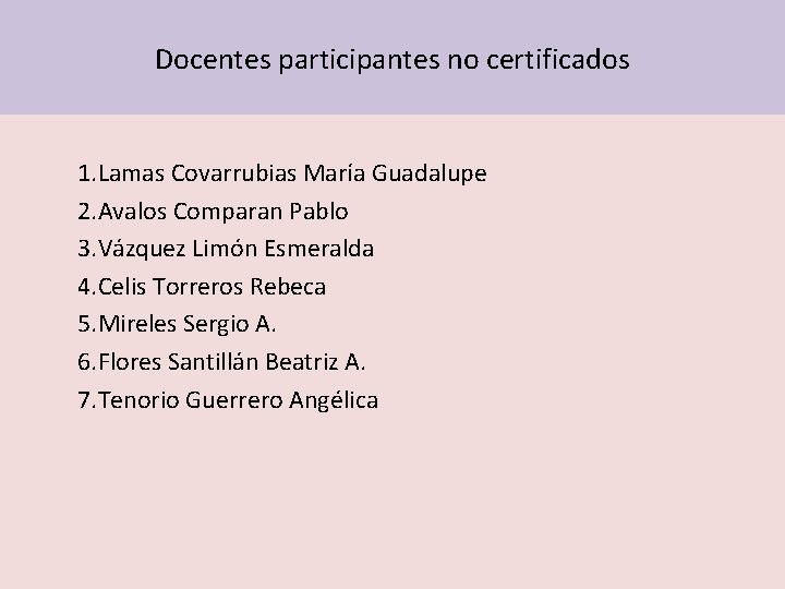 Docentes participantes no certificados 1. Lamas Covarrubias María Guadalupe 2. Avalos Comparan Pablo 3.