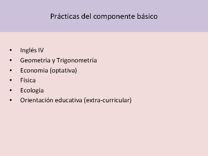 Prácticas del componente básico • • • Inglés IV Geometría y Trigonometría Economía (optativa)