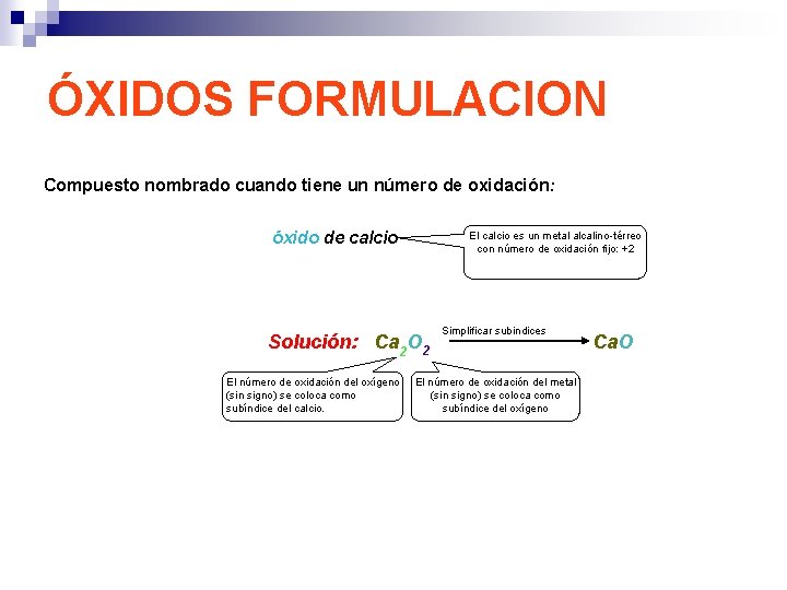 ÓXIDOS FORMULACION Compuesto nombrado cuando tiene un número de oxidación: óxido de calcio El