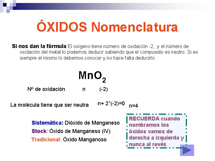 ÓXIDOS Nomenclatura Si nos dan la fórmula El oxígeno tiene número de oxidación -2,