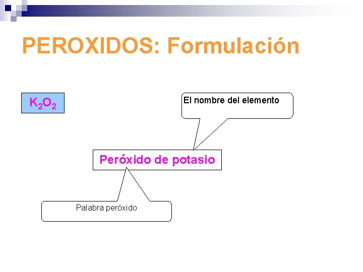 PEROXIDOS: Formulación El nombre del elemento K 2 O 2 Peróxido de potasio Palabra