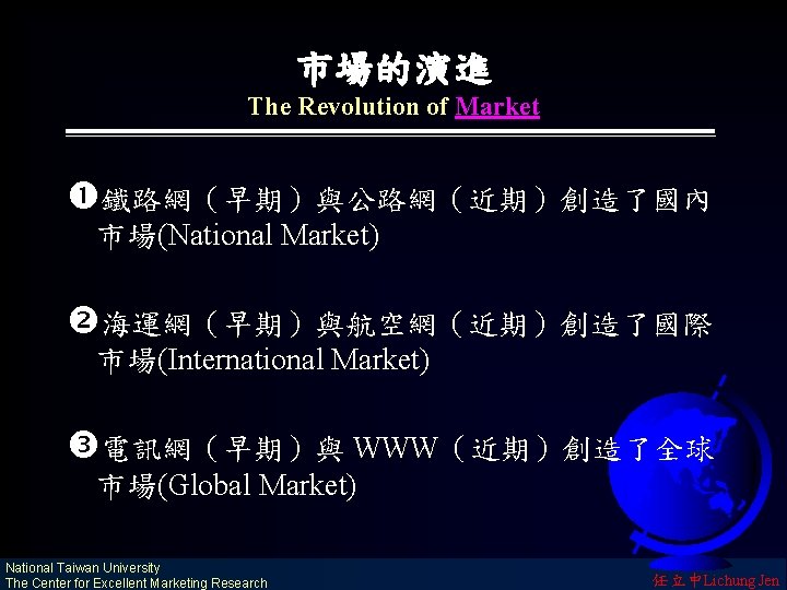 市場的演進 The Revolution of Market 鐵路網（早期）與公路網（近期）創造了國內 市場(National Market) 海運網（早期）與航空網（近期）創造了國際 市場(International Market) 電訊網（早期）與 WWW（近期）創造了全球 市場(Global
