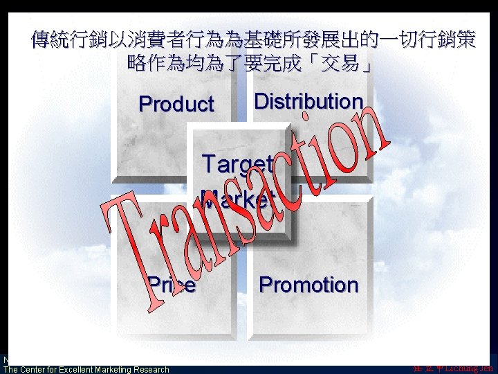 傳統行銷以消費者行為為基礎所發展出的一切行銷策 略作為均為了要完成「交易」 Product Distribution Target Market Price National Taiwan University The Center for Excellent