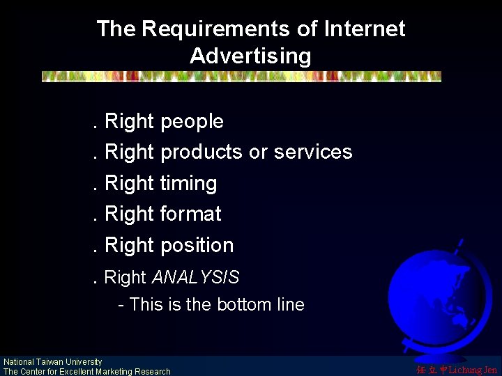 The Requirements of Internet Advertising. Right people. Right products or services. Right timing. Right